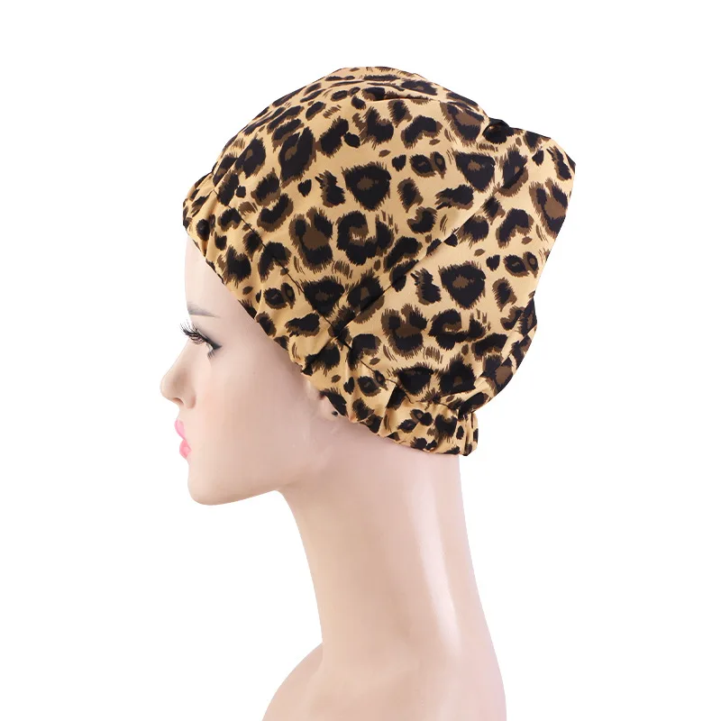 Neue wasserdichte Doppelschicht-Badekappe für Damen mit Leopardenmuster, dicke, schmutzabweisende Haarpflegekappe, wiederverwendbare Duschhaube mit elastischem Band – Detail 12