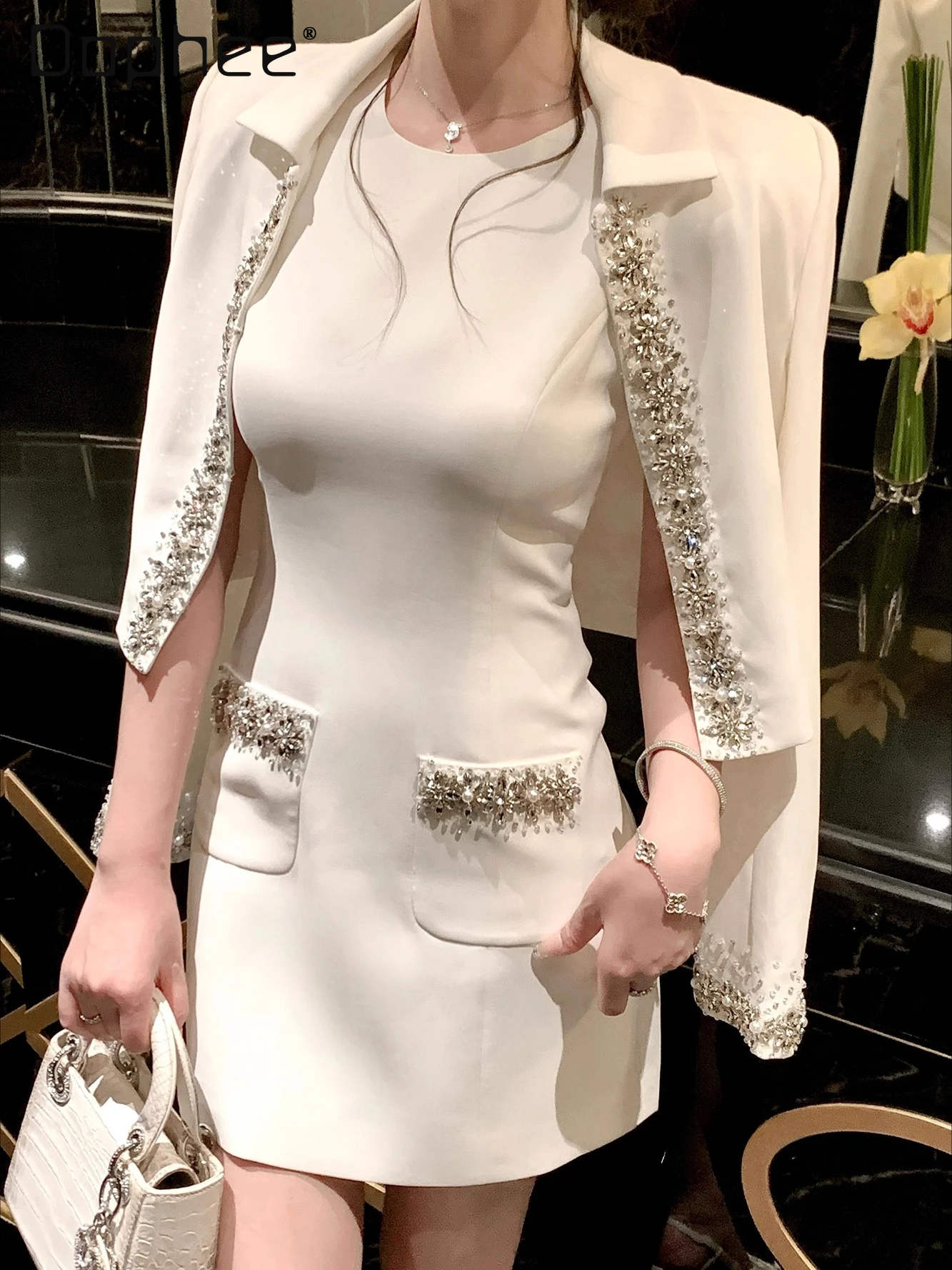 

Elegant High-End Fashion Commuter Style Suit French Socialite Heavy Industry Rhinestone Short Jacket + Vest Dress Two Piece Sets