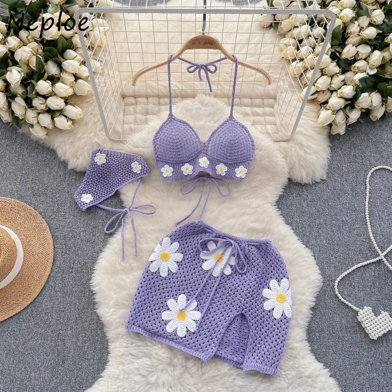 Nepoe Set Bikini renda rajut liburan pantai untuk wanita atasan kamisol seksi musim panas + rok belahan Bodycon pinggang ramping