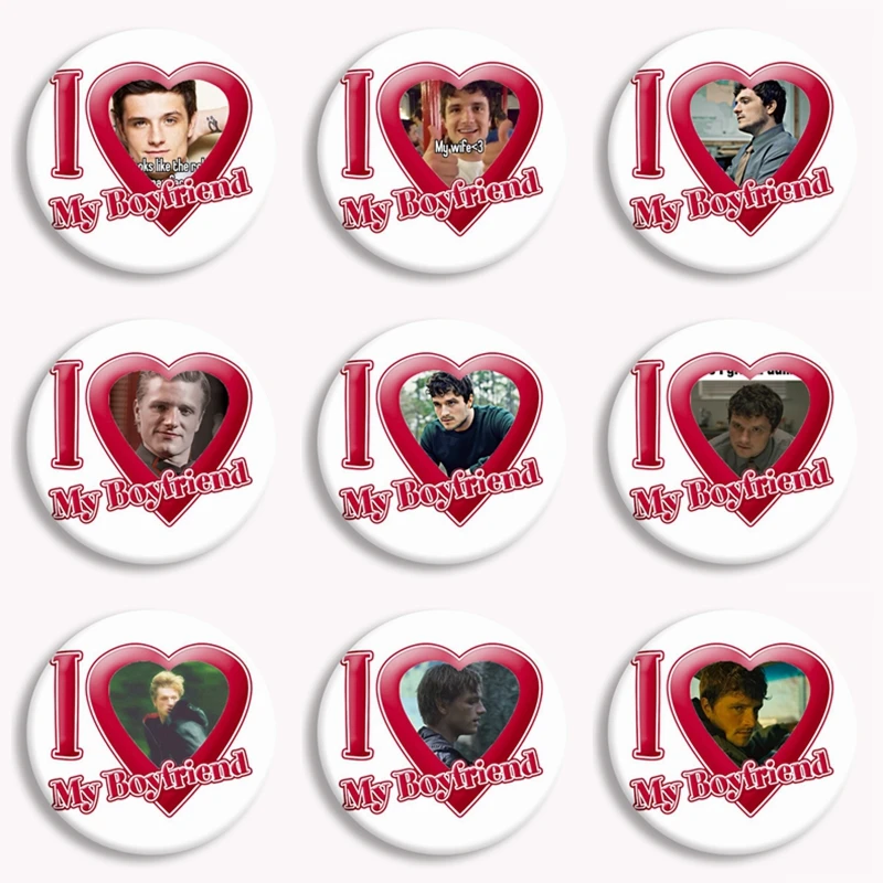 Creative I Love My Boyfriend Heart Josh Hutcherson Button Pin Hunger Games Movie Brooch Badge Bag Decor Fans Collect Gift 58mm