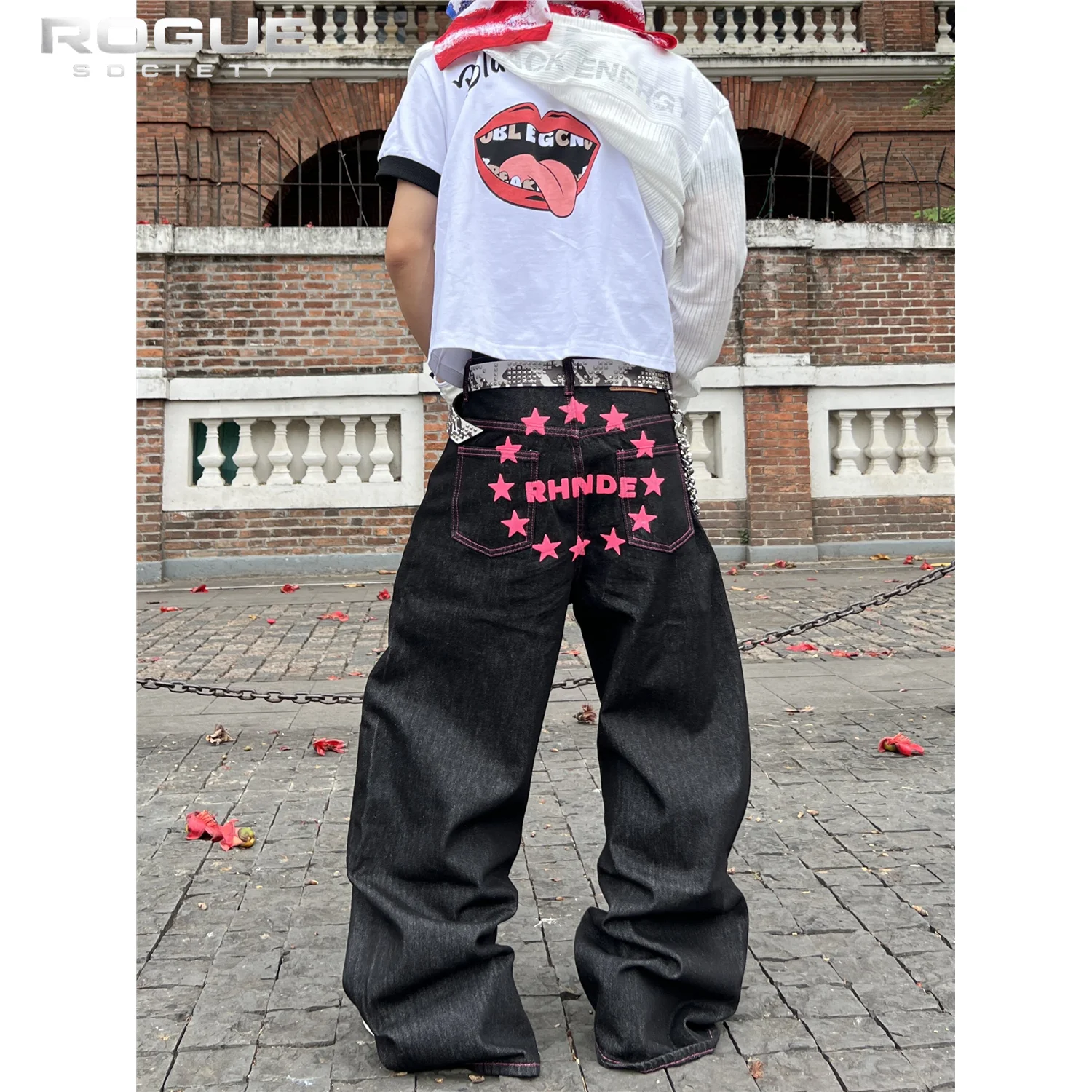 American Vintage Street Wide Leg Jeans Men Women Double Waist Black Straight Denim Pants Baggy Y2K Hip Hop Loose Fit Floor Pants