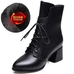 2023 Winter Leather Ankle Boots Warm Plush Fur Thickened Women's Cotton High Heels Pointed Toes Sexy Dance Shoes Front Lace Up