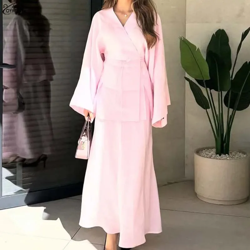 

Элегантные розовые хлопковые комплекты из двух предметов, женские повседневные рубашки на шнуровке с v-образным вырезом и длинными рукавами и простые комплекты юбок до щиколотки