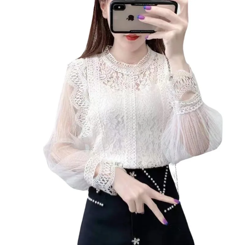 

Elegant Women's Solid Mesh Long Sleeved Shirt With Bubble Sleeves Round Neck Tops Women Lace Shirt Baju Perempuan Blusa Negra