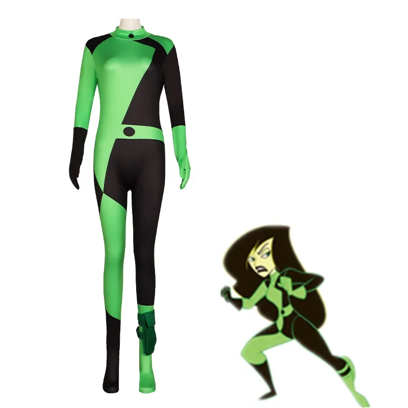 Women Halloween Party Fancy Costume Kim Possible Shego Cosplay Zentai Bodysuit Polyester Jumpsuit for Adults