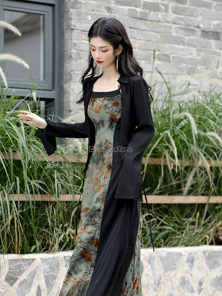 2024 chinese style vintage modern daily hanfu set ink tie-dye slim temperament split suspended dress elegant versatile cardigan