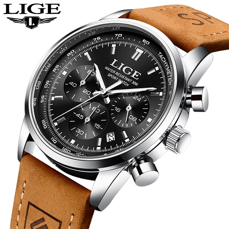 

TOP 2025 LIGE кожаные мужские кварцевые наручные часы брендовые роскошные водонепроницаемые мужские часы спортивные часы с хронографом для мужчин подарок Reloj + коробка
