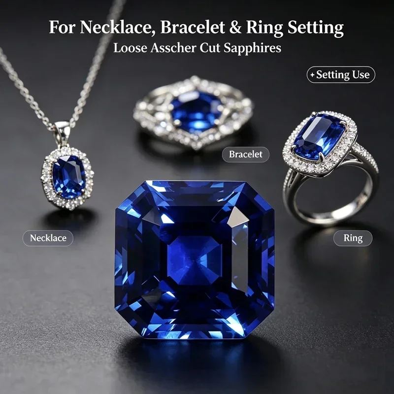 Asscher Cut Certified Lab Created Royal Blue Sapphire Loose Stone Premium Faceted Gem for Custom Earrings Necklaces and Bracelet