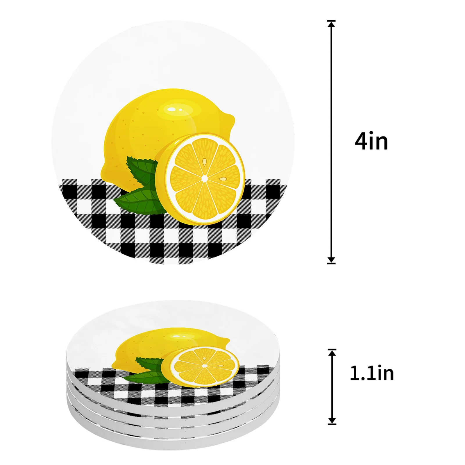 Fruit Lemon Black White Plaid Ceramic Coaster Set Kitchen Table Round Placemat Luxury Decor Coffee Tea Cup Coasters