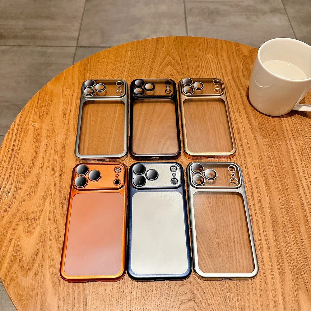Latest Transparent Matte Phone Case For iPhone 17 Pro Air 17 16 15 14 13 Pro Max Full Lens Protection Metallic Color Frame Cover