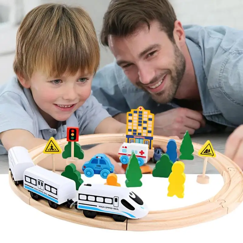 Wooden Railway Trains Toy Mini Rail Train Toy Set With Battery Operated Powerful Engine Wooden Train Track For Boy birthday Gift