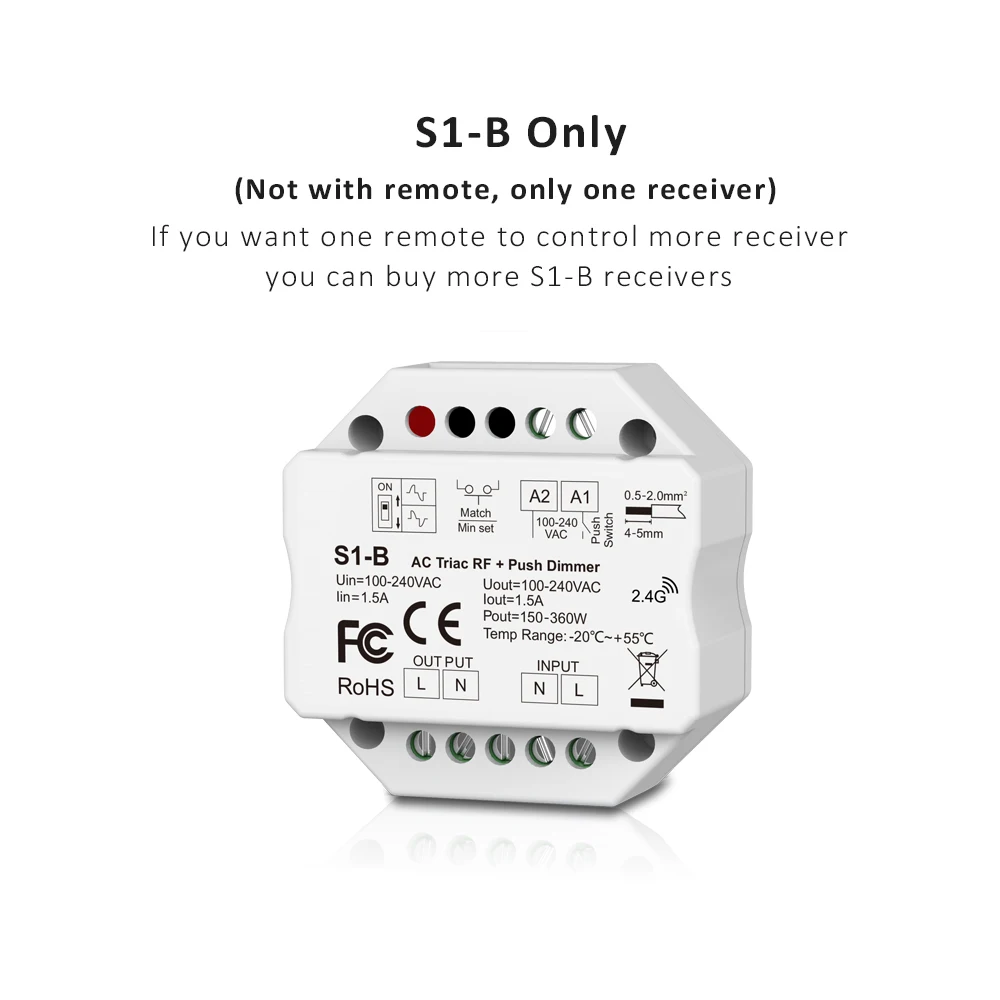 LED Dimmer 220V 230V Wireless Remote Control AC Triac RF Switch Push Dimmer 2.4G Touch Dimer for LED Lamp Bulb Light MJJC-S1-B