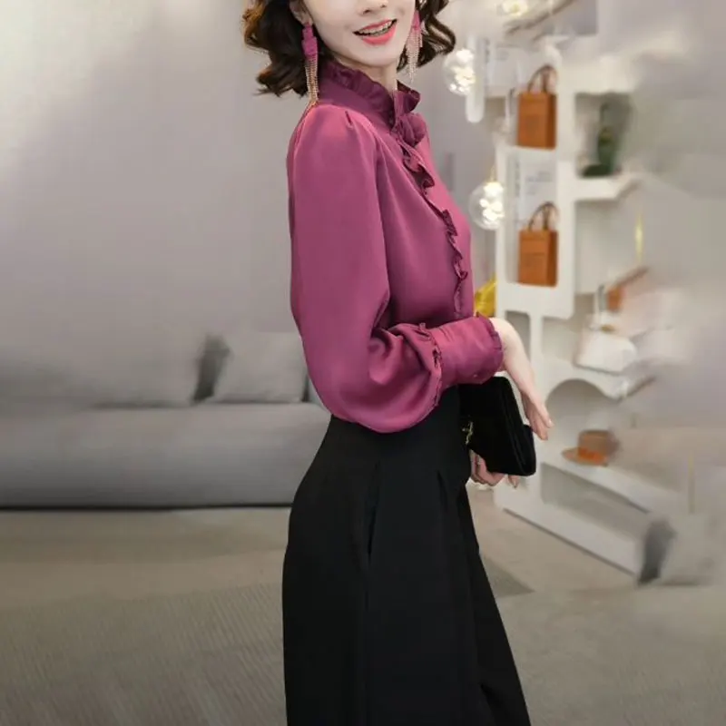 French Style Edible Tree Fungus Shirt Female Clothing Stand Collar Spring Autumn New Stylish Three-dimensional Decoration Blouse