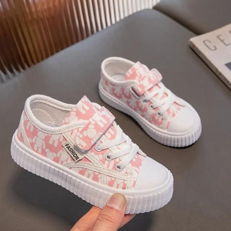 Girls Little Bear Canvas Shoes Fashion Kids Casual Shoes Breathable Soft Sole Child Sneakers Toddler Boys Non-slip Board Shoes