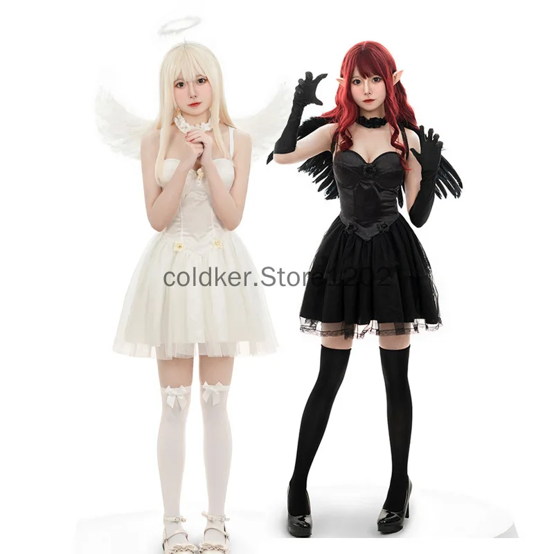 

Halloween Stage Cosplay Costume Fallen Black White Angel Lucifer Demon Role Playing Mesh Dress Short Skirt Set Four Piece Set