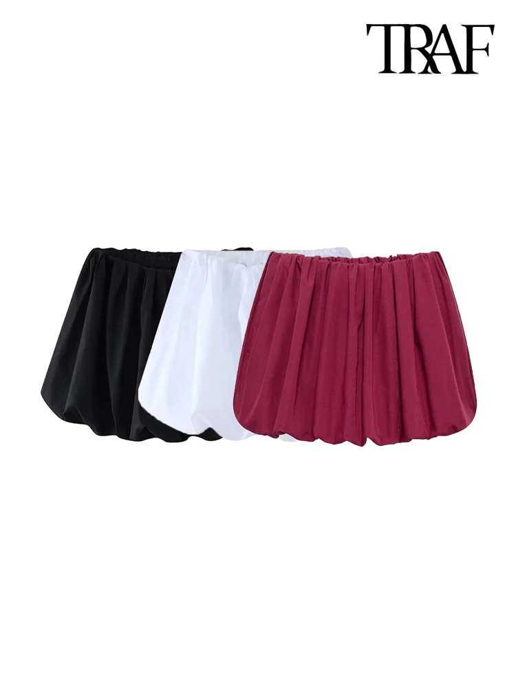 TRAF-Women's Balloon Mini Skirt, Mid Elastic Waist, Voluminous Hem, Female Skirts, Fashion