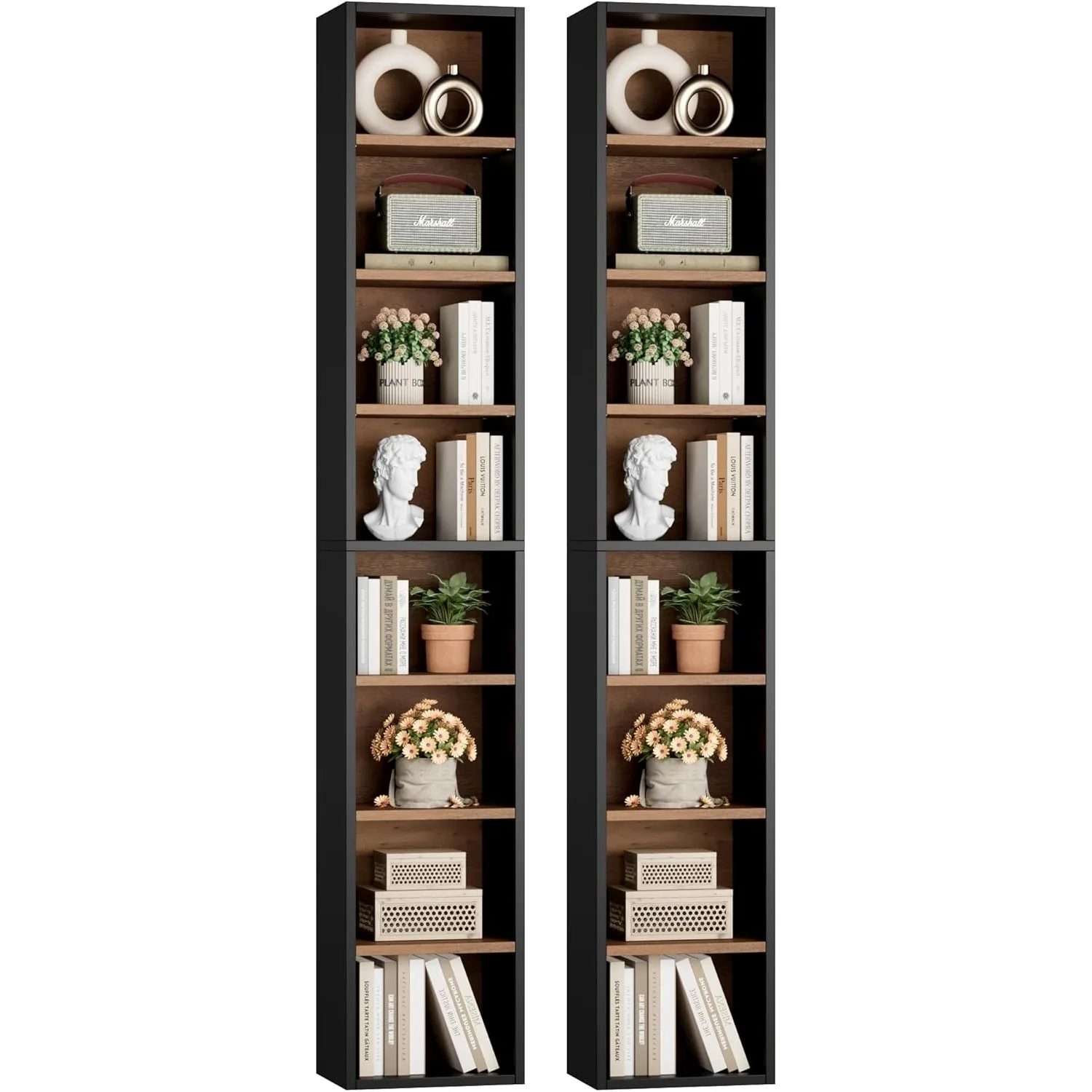 2 Stück 71'' hohes schmales Bücherregal, 8-stufiges Media Tower-Rack, 2er-Set, CD-DVD-Aufbewahrungsschrank mit verstellbaren Regalen, hoch schmal