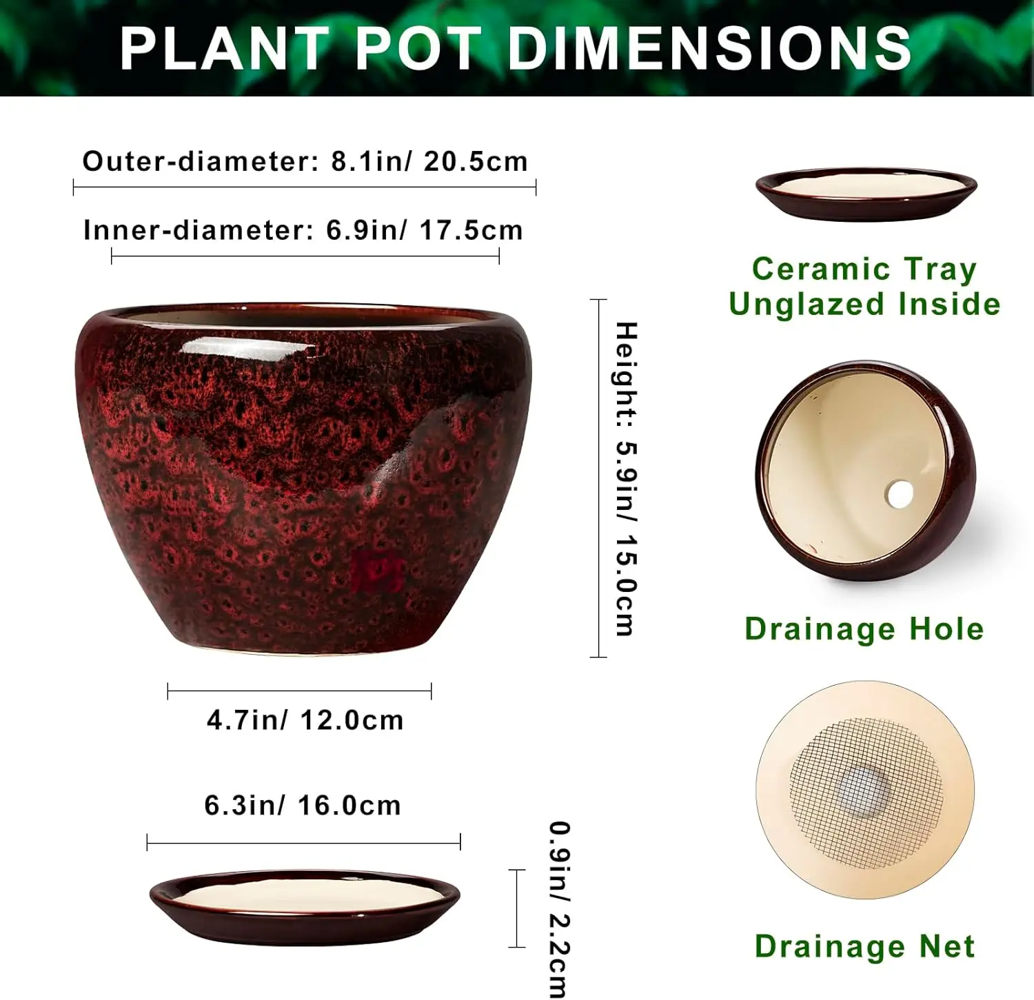 8 Inch Planter - Ceramic Plant Pots with Drainage Hole and Saucer, Decorative Plant Pots , Round Planter, Red Leopard