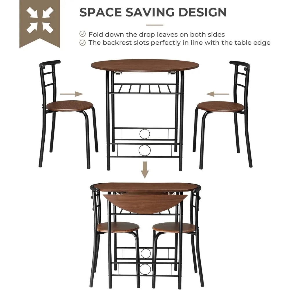 31.5" Drop Leaf Dining Table Set 3 Pieces for Small Space,Small Kitchen Table Set for 2,Round Folding Table with 2 Chairs
