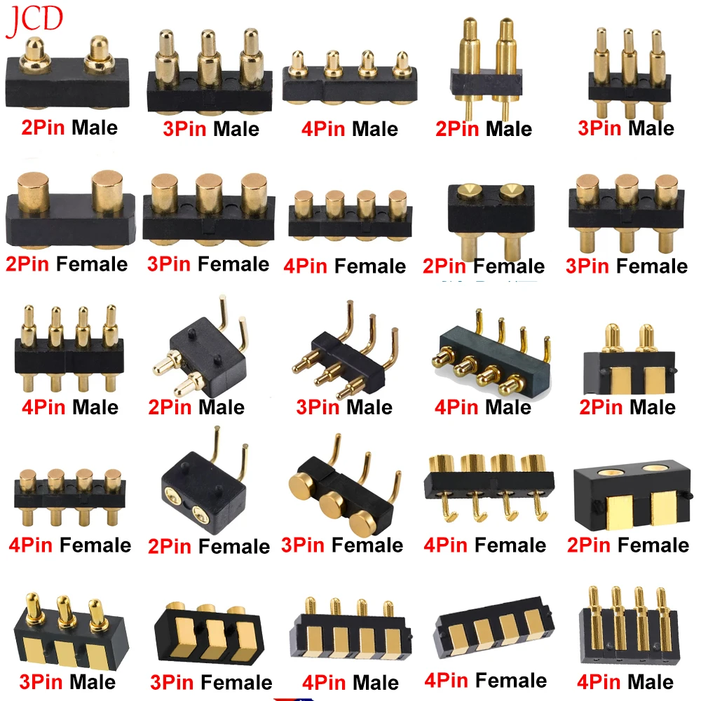 JCD 1PC Male Female Pogo Pin Connector Pogopin Battery Spring Loaded Contact SMD DIP Needle PCB 2 3 4 Pin 2.54mm Pitch