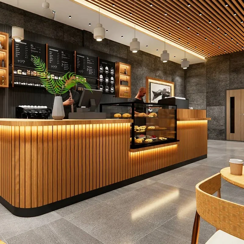 Caffetteria per interni, dimensioni, colori, materiali e vari stili personalizzabili, adatta per caffetterie e torte