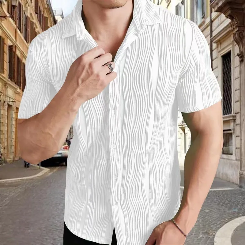 

New Men's Summer Large-sized Fashionable Casual Lapel Jacquard Breathable Solid Color Short-sleeved Shirt