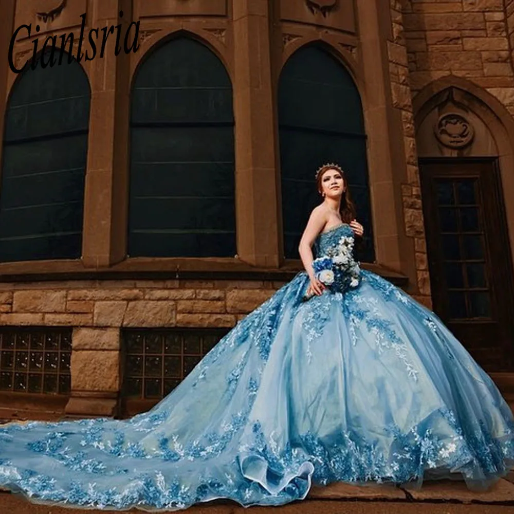 الأزرق السفرجل XV الوردي فساتين Quinceanera Vestidos دي 15 Años مع حجم زين الأزهار الفتيات ملابس عيد ميلاد