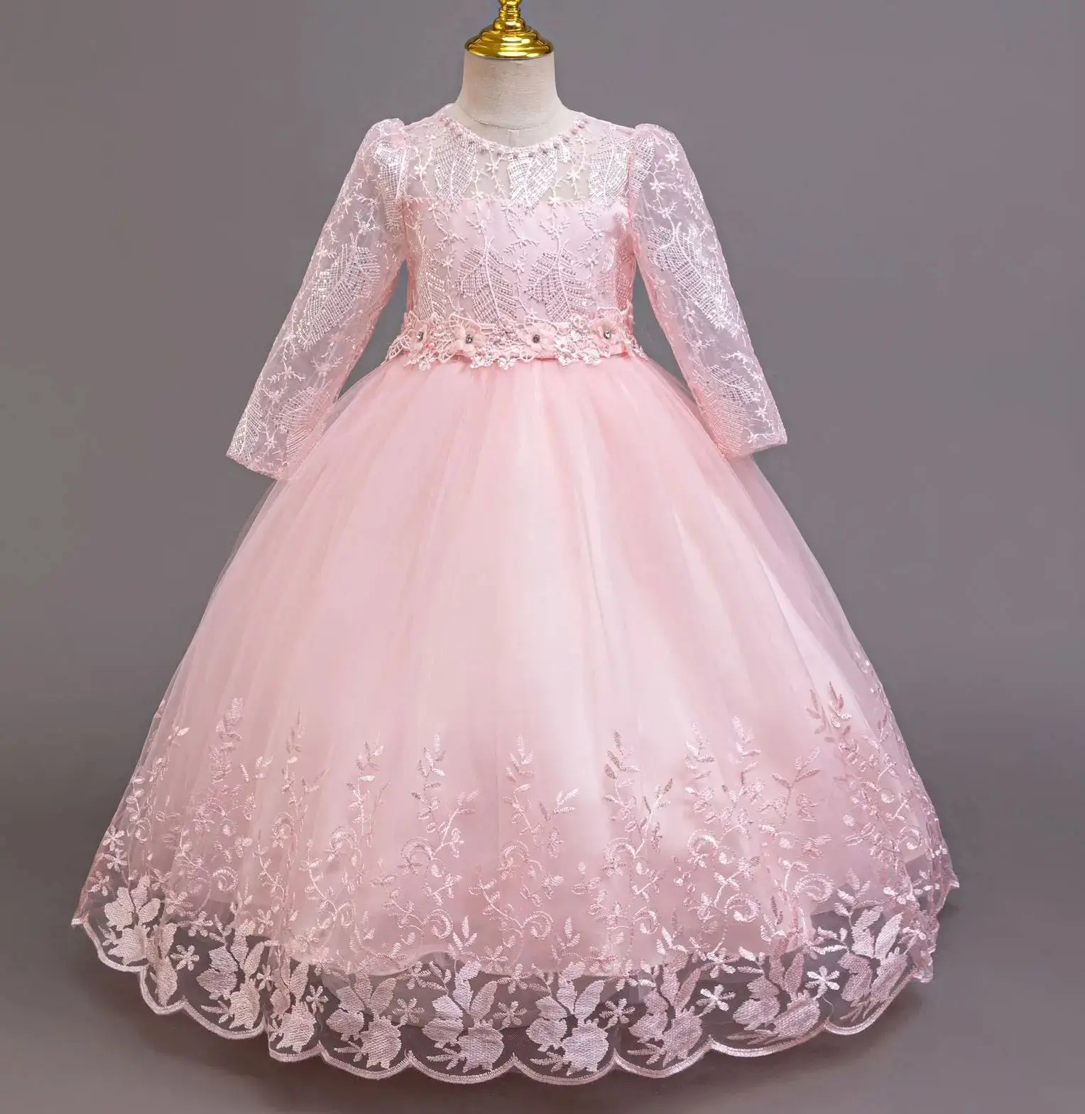 Embroidery Girl Party Dress for Wedding Long Sleeve Children Girls' Red Clothes Kids Elegant Evening Dresses 4-12Y