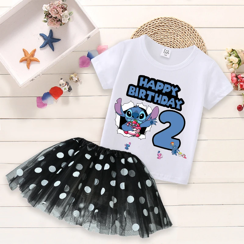 ديزني غرزة الاطفال طفل فتاة عيد ميلاد عدد الزي طباعة قصيرة الأكمام تي شيرت تول نقطة نمط تنورة عقال الملابس مجموعة
