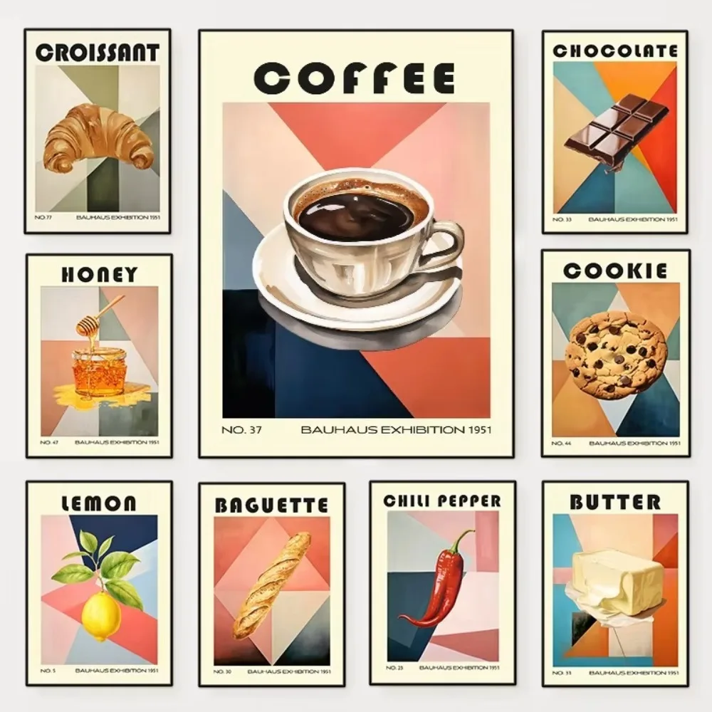 1pcs Frameless Bauhaus Style Retro Food Poster,Mid-century Canvas,Kitchen and Dining Room Decor,Specialty Coffee,Kitchen Decor
