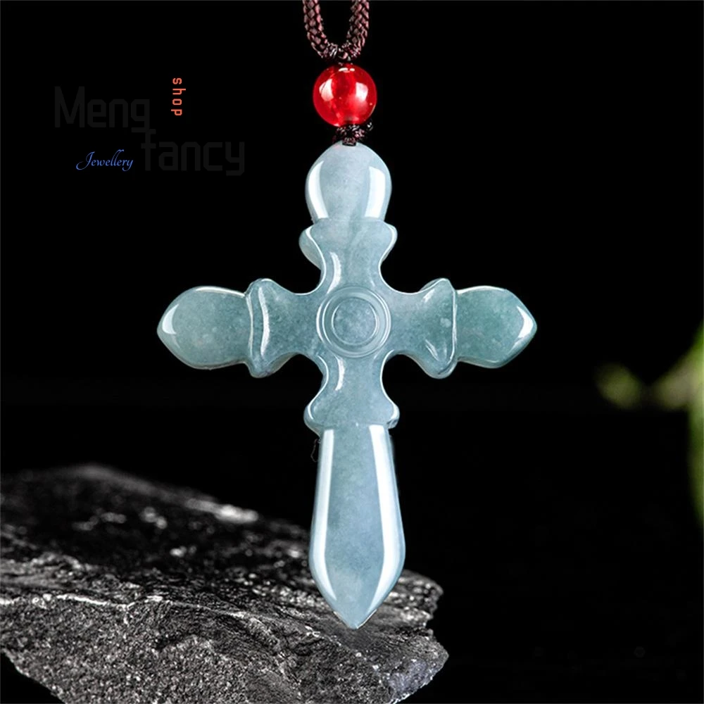 

Natural Jadeite Blue Water Cross Jade Pendant Exquisite High-grade Ethnic Style Mascots Luxury Quality Fine Jewelry Holiday Gift