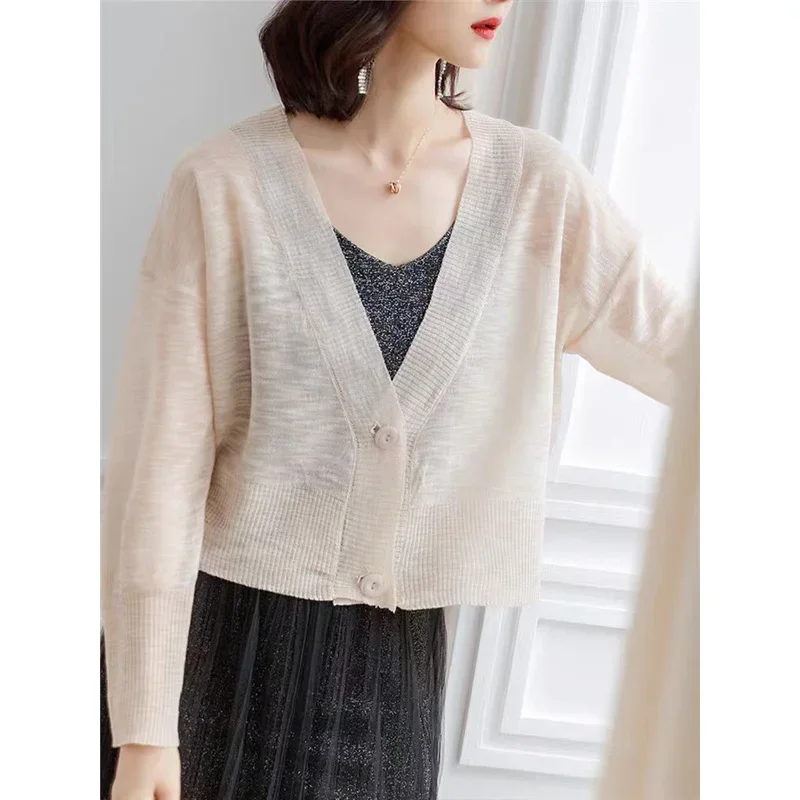 Women\'s Clothing Basic Solid Elegant V-neck Thin Knitted Cardigan Spring Autumn Casual Loose Soft Short Sweater Office Lady Top