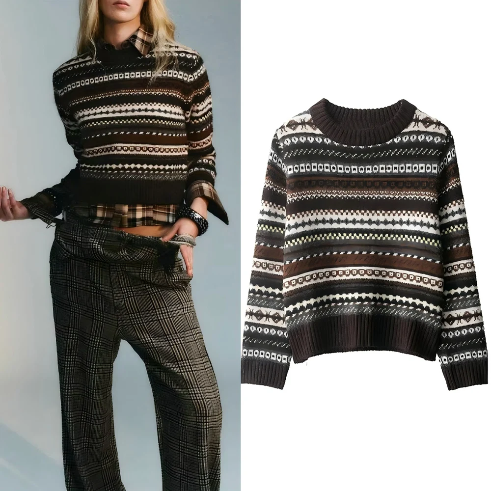 

Women's new fashion casual versatile round neck jacquard knitted sweater retro long sleeved women's pullover shirt chic top