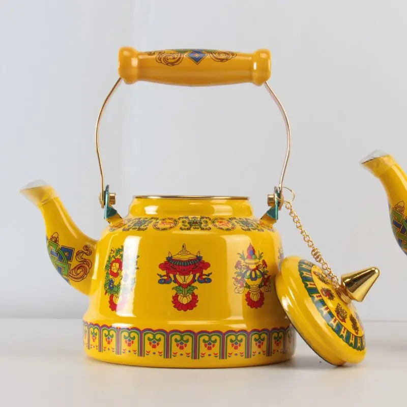 Ethnic Enamel Teapot, Yellow Vintage Kettle, Ancient Bell-shaped Kettle, Tea Brewing Kettle, Water Boiling Kettle
