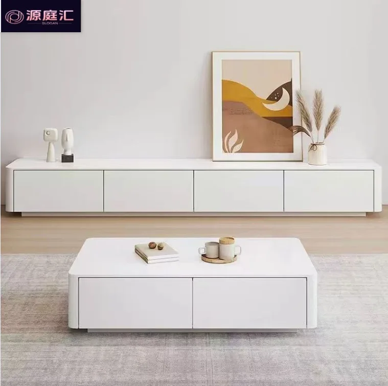 Pure solid wood TV cabinet, rock slab floor cabinet, gray and white paint, simple atmosphere, light luxury and practical small