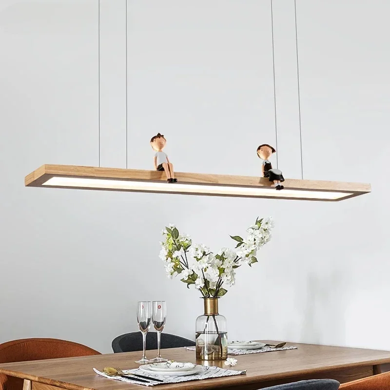 Nordic Rectangle LED Pendant Lamp Wooden Suspension Square Solid Wood 220V Wire Hanging Lighting for Dining Room And Restaurant