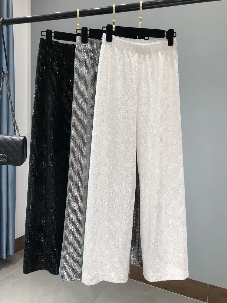 Autunno nuova corea moda bianco paillettes pantaloni a gamba larga vita alta dimagrante Casual drappeggio Mopping pantaloni pantaloni dritti donna