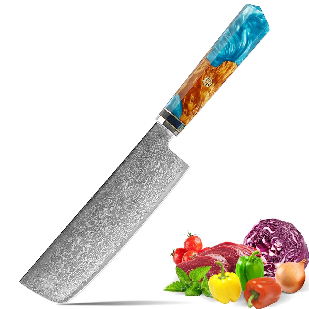 

7 Inch Nakiri Knife Japanese Damascus Steel Kitchen Knife Professional Meat & Vegetables Knife Cleaver Cooking Slicing Knife