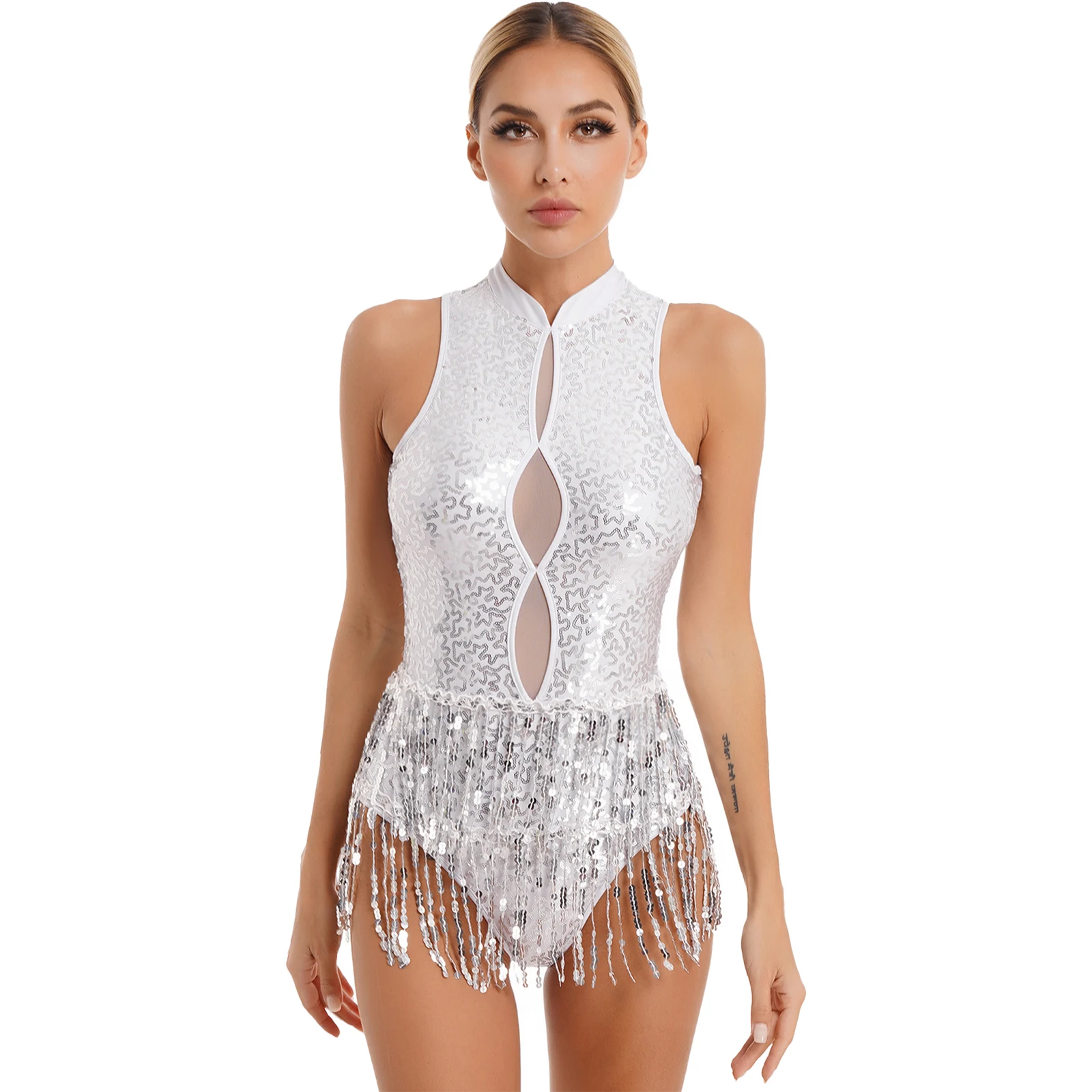 Women Sleeveless Fringed Latin Dance Bodysuit Glitter Sequins Tassel Gymnastics Leotard Performance Costume Tango Dancewear