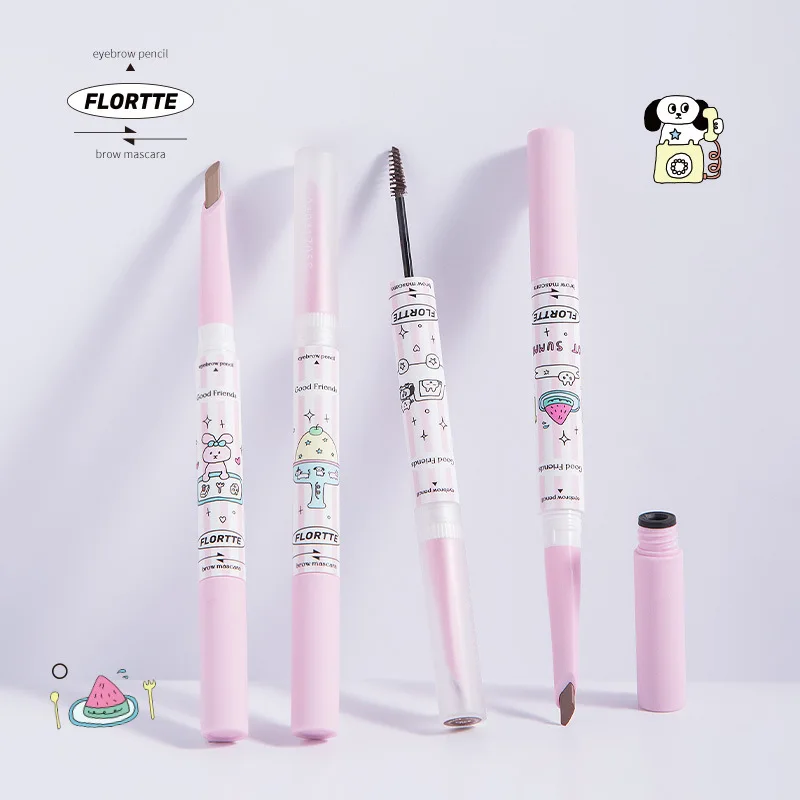 قلم حواجب FLORTTE، قلم حواجب برية برأسين، قلم حواجب تجميلي يدوم طويلاً.