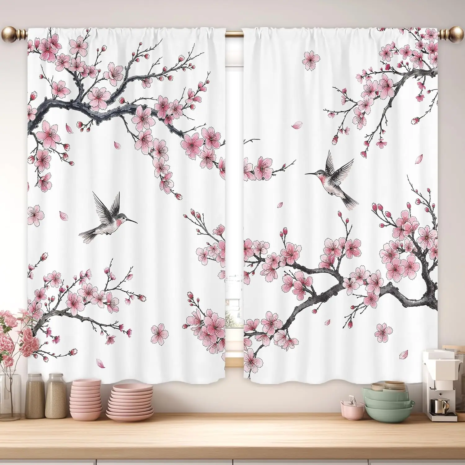 Pink Cherry Curtains for Bedroom Rod Pocket Sakura Floral Plum Blossom Weeping Flowers Hummingbird Japanese Asian Style Cute