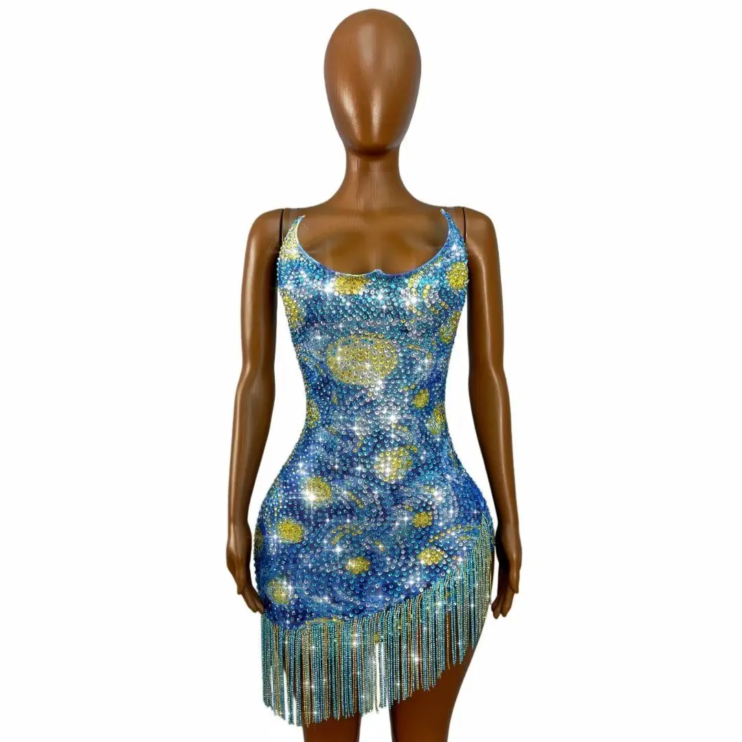 Fangao Elegant Starry Night Print Rhinestone Mesh Bodycon Mini Dress Thin Strap Asymmetric Bead Fringe Gala Party Outfit