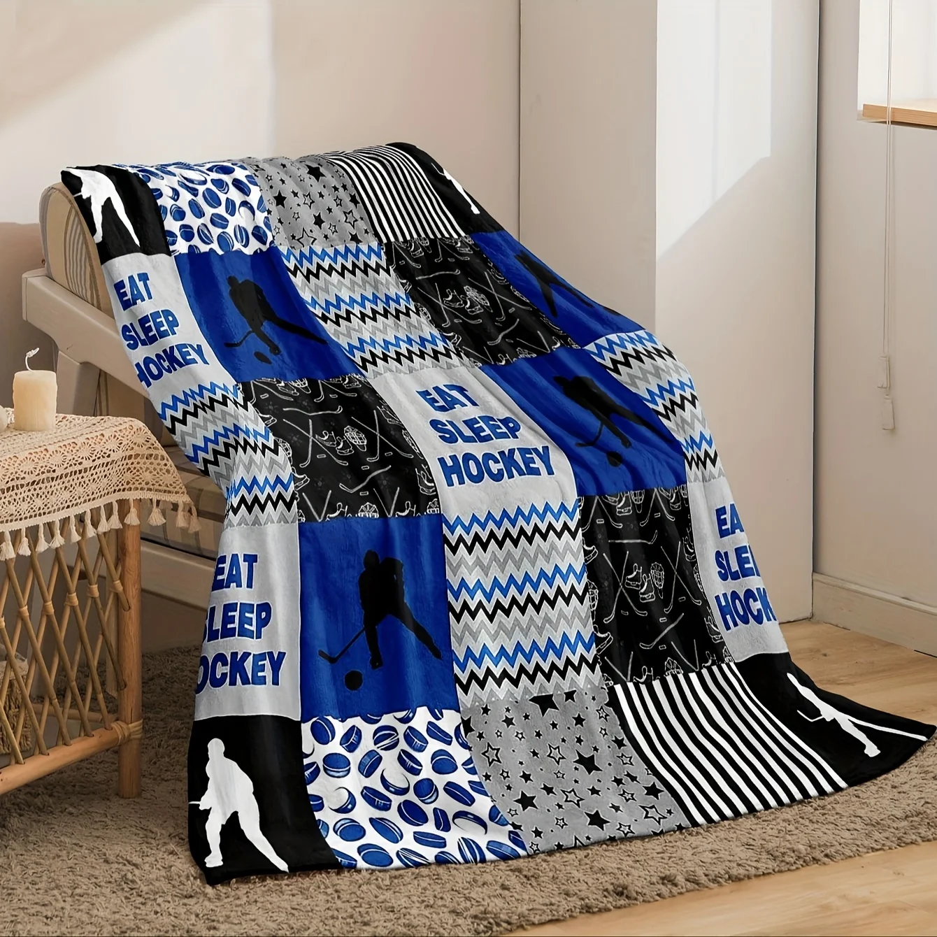 1pc Digital Print Blue Grid Athlete Ice Hockey Sports Reversible Flannel Throw Blanket, Super Warm Soft Comfortable Anti-Pilling