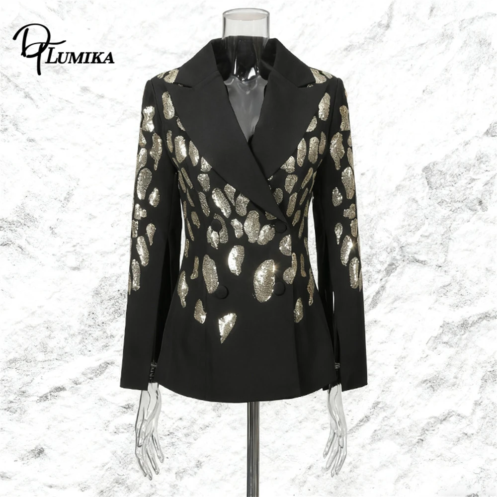 DTLumika Giacca da abito lunga da donna alla moda, abito da festa nero, blazer Suir con paillettes con immagini reali