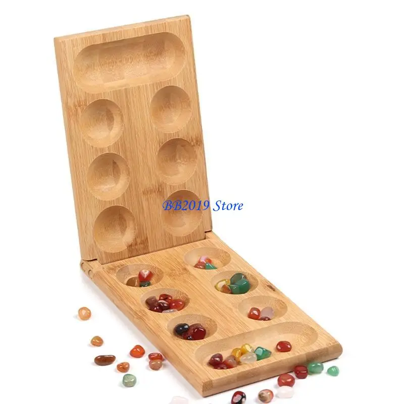 Q0kb áfrica mancala jogo tabuleiro com pedras naturais coloridas seixos dobrável conjunto tabuleiro para adulto