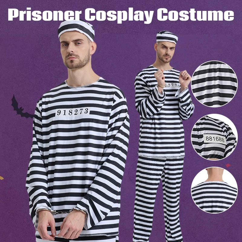 

Prisoner Cosplay Costume Women Men Jail Costume Jumpsuit Halloween Performance Convict Jailbird Outfit Shirt Pants