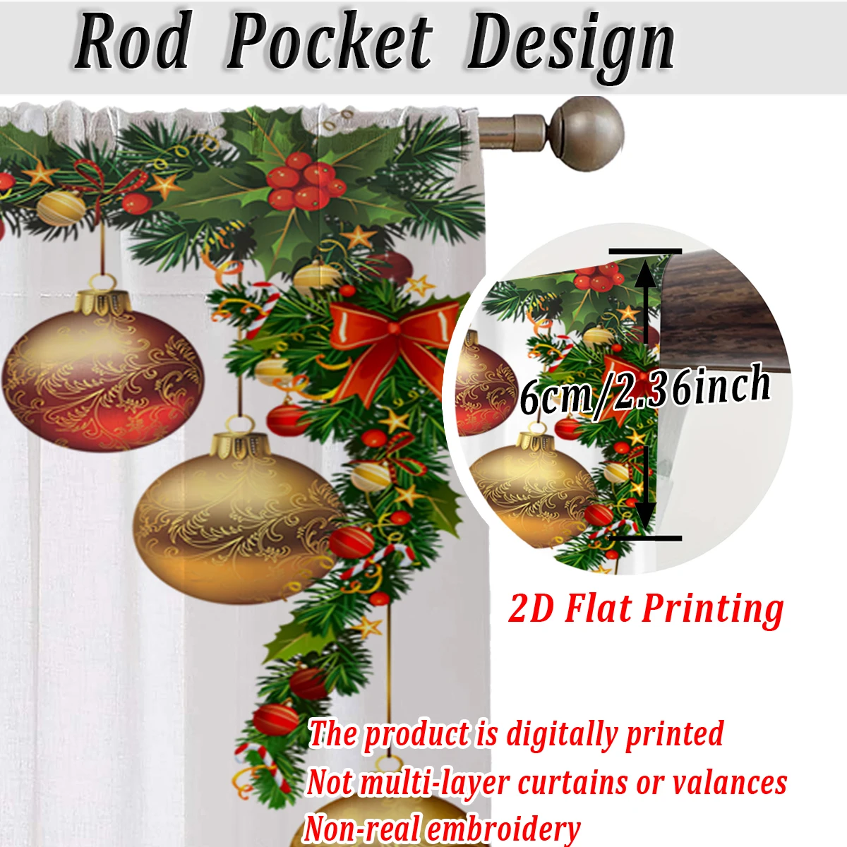 ستارة شفافة للمطبخ بطباعة مسطحة لعيد الميلاد مع زينة فرع كرة الصنوبر لعيد الميلاد وحفلات ديكور المنزل