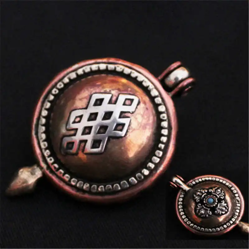 Tibetan Red Brass Cross Dorje Endless Knots Round Prayer box  Amulet Locket Pendants Lucky knots TGB082