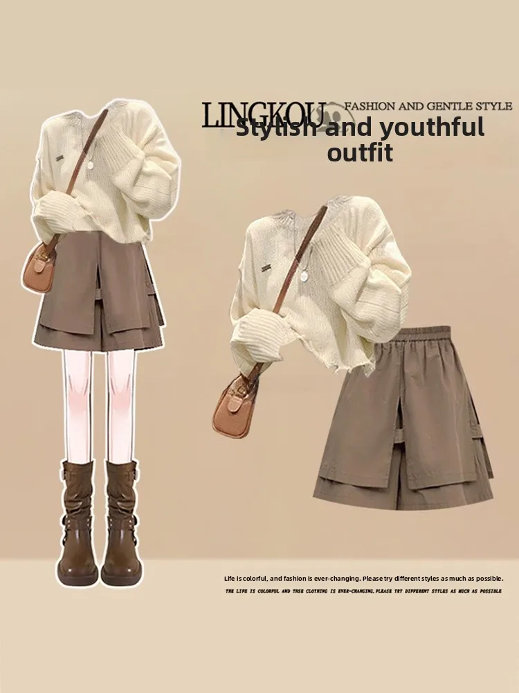 

Faionable Large Size Autumn Set Women's High-End Knitted Top Vintage Slimming Casual Wide Leg orts Two-Piece Ensemble