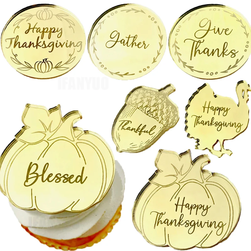 10Pcs Thank You Cup Cake Topper Gold Color Round Thanks Giving Cakes Decor Tools for DIY Dessert Party Decoration Supplies